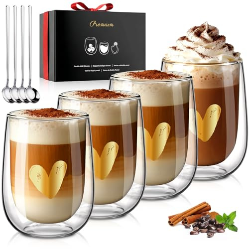 glastal PREMIUM Doppelwandige Latte Macchiato Gläser 4er Set 350ml HERZ | OHNE Versiegetes LOCH, Doppelwandige Gläser, Geschenke für Frauen Freundin zu Geburtstag Valentinstag Weihnachten