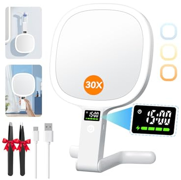 Auxmir Kosmetikspiegel 1X/30X Vergrößerung, LED Display für Zeit/Akku Weiß | Doppelseitig, 3 Lichtmodi, 2500mAh Aufladbar, Touch Dimmbar, Faltbar Tragbar Schminkspiegel für Camping Urlaub Reise, Zuhause