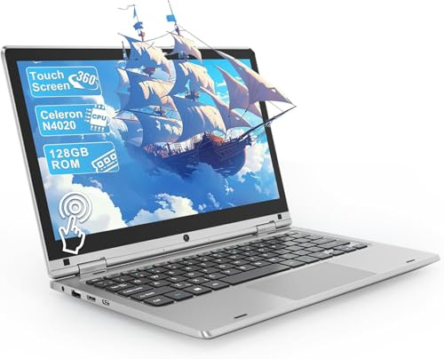 Ordenador portátil de 11,6 pulgadas, 6 GB RAM 128 GB SSD Celeron N4020 PC portátil, 360° plegable con pantalla PC táctil Laptop, WiFi 2.4G/5G Bluetooth, 1366*768 IPS, extensión por SD, Keyboard Film