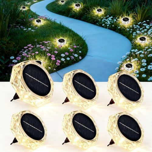 Hqynss Solar Bodenleuchten Warmweiß 6 Stück Aussen Wasserfest mit 8 LED | Solarleuchten für Garten Außen Wasserdicht Led Solar Gartenleuchten, Solarlampen für Außen Rasen Auffahrt Gehweg Patio