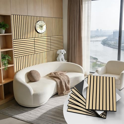 WADILE Selbstklebende Akustikpaneele in Holzoptik 30×40 cm, 16er Pack | PVC-Lamellen auf Filz, Schallabsorbierende Wandpaneele für Wohnzimmer & Schlafzimmer Akzentwand