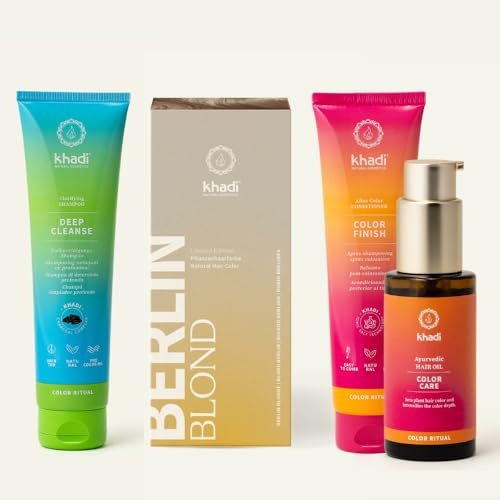 khadi ColorCycle BERLIN BLOND Kit completo - Tinte vegetal para el cabello + DEEP CLEANSE Champú clarificante ayurvédico + COLOR FINISH Acondicionador para después del tinte + Aceite capilar COLOR CAR