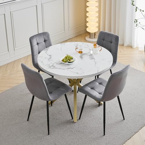 HJhomeheart Esstisch- und Stuhlset, 4 Holländische Samtstühle mit Hoher Rückenlehne und EIN 100 cm Langer Moderner Esstisch, Geeignet für Küchen, Esszimmer und Wohnzimmer-Goldene Tischbeine + Grau