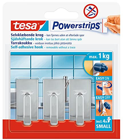 tesa Powerstrips Haken Small Classic - Selbstklebender Wandhaken für Glas, Kacheln, Holz, Kunststoff und andere Untergründe - Chrom, Klein