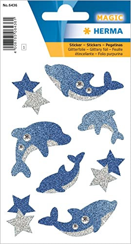 HERMA 6436 Aufkleber Delfin Glitzer klein groß, 8 Stück, Tiere Sticker mit Delphin Meerestiere Sterne Motiv, Kinder Etiketten für Fotoalbum Tagebuch Poesiealbum Scrapbooking Geburtstag Deko Briefe DIY