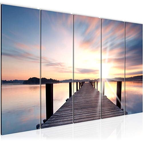 Runa Art Wandbild XXL Brücke zum See Wohnzimmer Schlafzimmer 200 x 80 cm Rosa Beige 5 Teilig - Made in Germany - 606955a