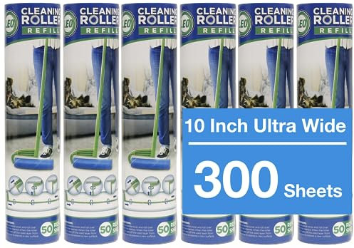 Leo Large 10-Inch Wide Lint Roller Refills 6 Rolls 300 Ultra-Wide Sheets for Lint Removers Household Cleaning Easily Remove Pet Hair Dust and Debris from Floors Carpets and Furniture