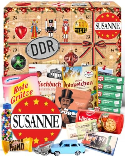 Susanne / Adventskalender DDR / Geschenkidee Kalender Advent 2026 | Nostalgischer Weihnachtskalender Susanne mit 24 Ost-Klassikern wie Zetti, Viba, Halloren ... in stabiler Box in Holzoptik