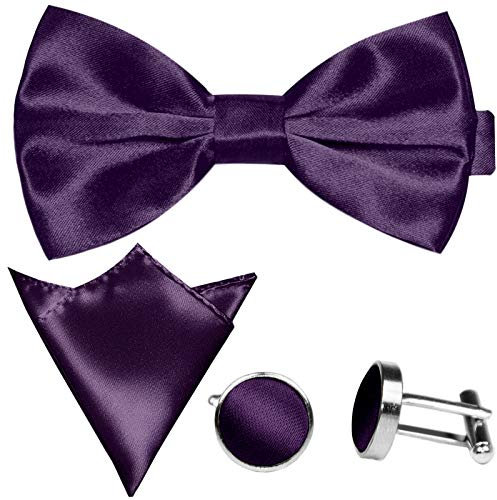 GASSANI Conjunto de 3 pajaritas para hombre, 20 colores satinados, lazo fijo, ajustable, Lila, berenjena, púrpura. ciruela., Medium