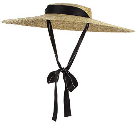 GEMVIE Women Ladies Vintage Wide Brim Boater Straw Hat Elegant Flat Top Floppy Derby Sun Hat Beach Straw Sun UV Hats with Chin Strap Black