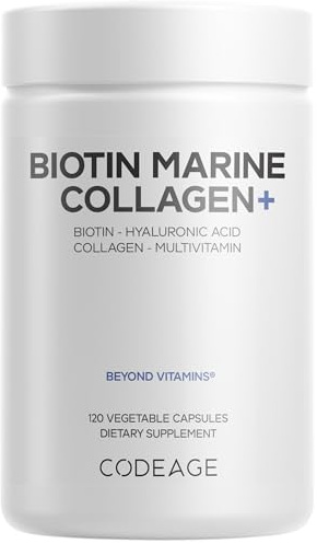 Codeage Biotin Marine Collagen Peptides - Wild-Caught Marine Collagen Types I & III, Biotin, Vitamins C & E, Hyaluronic Acid, Amino Acids, Fruit and Herb Blend, Non-GMO - 120 Capsules
