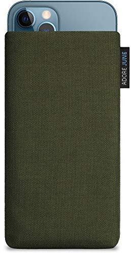 Adore June Classic Oliv-Grün Tasche kompatibel mit iPhone 13 / iPhone 13 Pro/iPhone 12 / iPhone 12 Pro Handytasche aus widerstandsfähigem Cordura Stoff mit Display Reinigungs-Effekt, Made in Europe