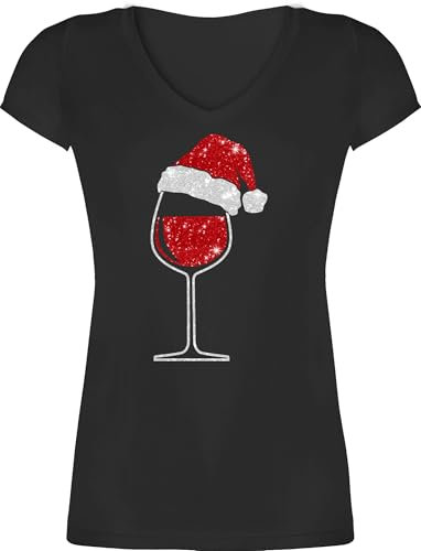 T-Shirt Damen V Ausschnitt - Geschenke Christmas Bekleidung - Weinglas mit Weihnachtsmütze I Weihnachtsmotiv Wein I Geschenk Weinliebhaber Weihnachten - S - Schwarz - Silvester Shirt