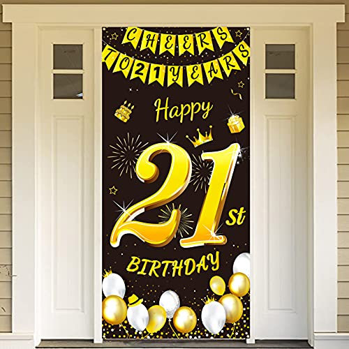 DPKOW Black Gold 21st Birthday Decoration for Man Woman - Banner for Backdrop, Door, Garden, Table, Wall - 185 x 90cm