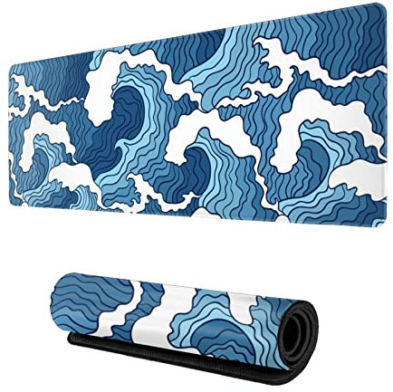 Japanese Blue and White Wave Gaming Mouse Pad XL, Extended Large Full Desk Mousepad 31.5 X 11.8 Inch, Big Mouse Pad with Stitched Edge, Non-Slip Long Computer Keyboard Mat for Office & Home Caburywe