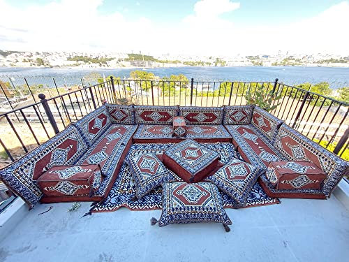 Corner Floor Sofa Seating Set, U Shaped Arabic Sofa Set, Oriental Floor Seating, Floor Cushions, Living Room Sofa, Arabic Majlis,Floor Couch (U Sofas + Rug + Ottoman)