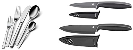 WMF Palermo Edelstahl Besteck Set 6 Personen, Essbesteck Set 30 teilig & Touch Messerset 2-teilig, Küchenmesser mit Schutzhülle, Spezialklingenstahl antihaftbeschichtet, scharf, Kochmesser, schwarz