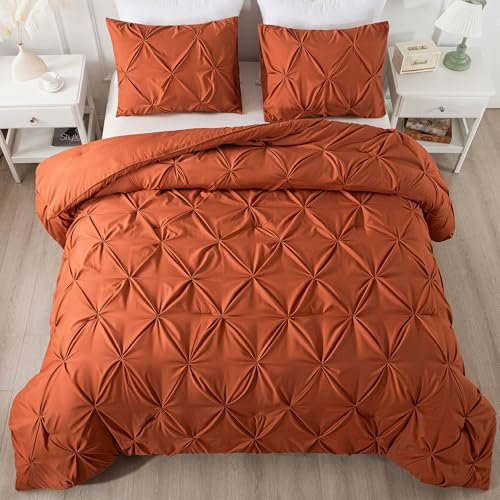 Andency Burnt Orange Pinch Pleat Comforter Twin(66 x 90 Inch), 2 Stück (1 Biesendecke, 1 Kissenbezug) Mikrofaser Biesen Bettdecke Set Down Alternative Bettdecke Set
