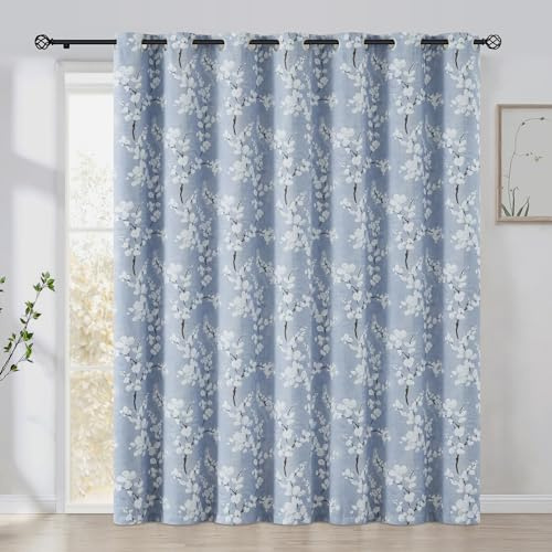 FMFUNCTEX Lot de 100 rideaux de porte coulissante 100 % occultants pour salon, isolation thermique, motif floral bleu, 1 panneau avec œillets (blanc sur bleu)