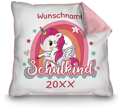 PR Print Royal Kissen zur Einschulung selbst gestalten - Schulkind mit Name und Jahr personalisiert - Einhorn Kissen, personalisierte Geschenke zur Einschulung | Rückseite Rosa, 40 x 40 cm