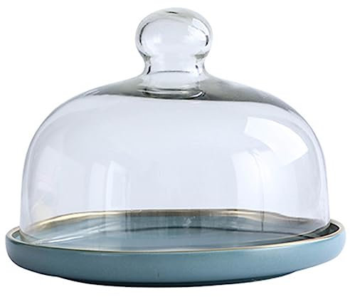 UMMEI 6-Inch Cake Stand Dome with Glass Cover, Ceramic Cake Plates for Cakes Dessert Cupcake Display Trays with Glass Lid,Blue,15cm