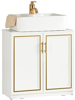 SoBuy BZR86-W Waschbeckenunterschrank Badschrank Waschtischunterschrank Waschtisch Badezimmerschrank Unterschrank Badmöbel Weiß+Gold BHT ca. 60x61x30cm