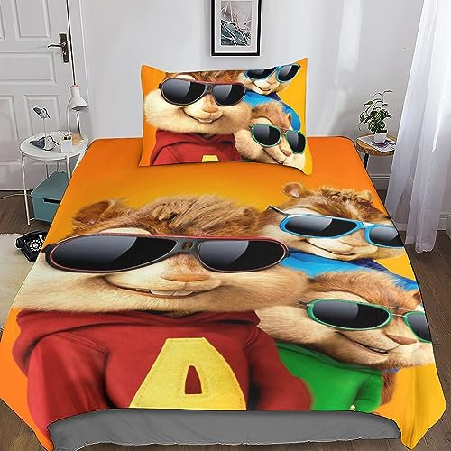 GOOSMI Alvin und die Chipmunks 3D Druck Bettwäsche Bettbezug-Set Mit Kissenbezug 2 Teilig Mikrofaser Animierte Zeichen Bettbezüge Mit Reißveschluss Betten Set Für Erwachsene Kinder Single（135x200cm）