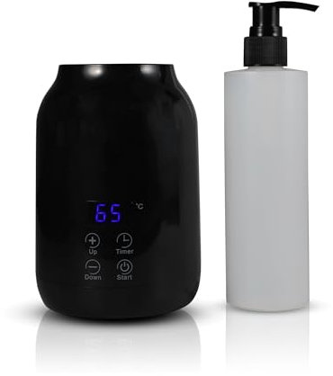 Massageöl Wärmer | Externe Kunststoff Flasche (2x) | Für Massageöl und ätherische Öle | Einstellbare Temperatur (30-65 Grad) | Massage Wellness Wohlfühlen | Stilvoller Erwärmer (Schwarz)