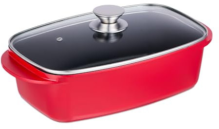 Relaxdays Asador de Horno 5 L con Tapa de Cristal, Rustidera, Olla Antiadherente, para Placa Eléctrica y de Gas, Rojo, Acero Inoxidable, 16 x 39,5 x 22 cm