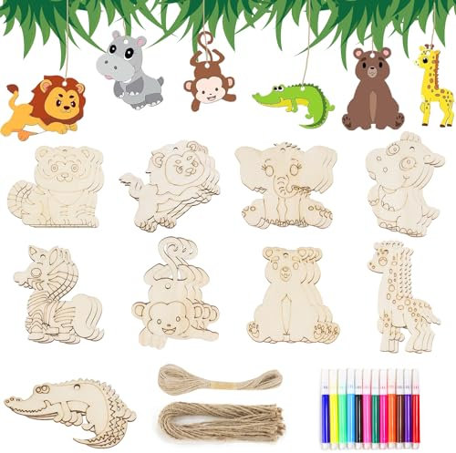 Demarsen 27 Stück Holztiere zum Bemalen, Tier Bastelset Kit, Bastelhandwerk zum Bemalen Holz mit 12 Farbstifte, Kindergeburtstag Basteln für Mädchen Junge Kindergeburtstag