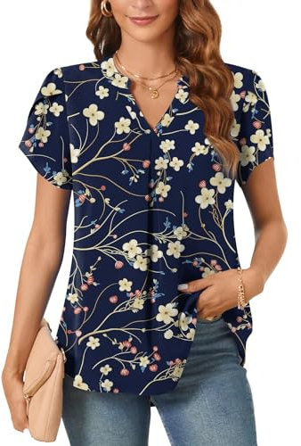 Aodemo Womens Summer Chiffon Blouse Business Ladies Tops Petal Short Sleeve Tunic Office Shirts for Work L, Navy Blue Winter Fl