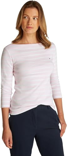 Tommy Hilfiger Damen Langarmshirt Slim U-Boot-Ausschnitt, Mehrfarbig (Light Pink/ Ecru Stp), XS