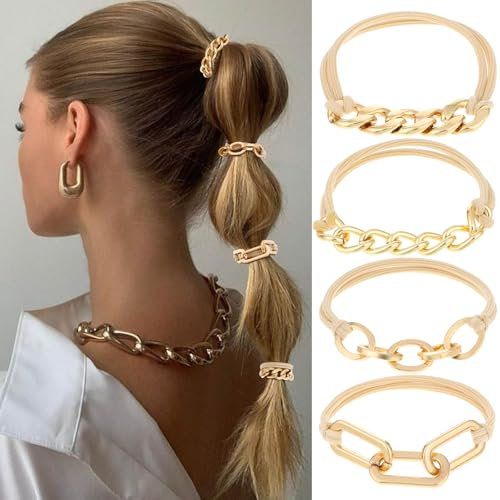 AOZUO 4 Stück Goldenes Haargummi Armband, Elastische Haarbänder aus Metall, Pferdeschwanzhalter, Haar-Accessoires, Haarband aus Gummi, Haarmanschetten für Dickes, Dünnes, Lockiges Haar(gold)