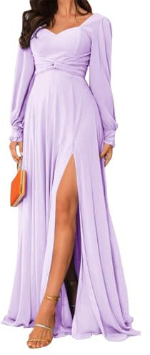 HPPEE Vestidos de dama de honor de manga larga para mujer con abertura de gasa, vestido formal de invitada de boda con bolsillos, Lila, 46