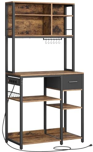 VASAGLE Küchenregal mit Steckdosen, Standregal, 40 x 80 x 180,4 cm, Backregal, verstellbare Ablagen, Stoffschublade, 12 Haken, Küche, vintagebraun-tintenschwarz KKS015K03