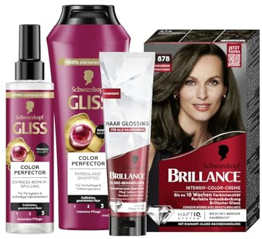 Brillance Intensiv-Color-Creme 878 Dunkles Aschbraun (170 ml) & Glanz-Behandlung Haar, Glossing Neutral (150 ml) & Gliss Shampoo (250 ml) & Express-Repair-Spülung Colour Perfector (200 ml)