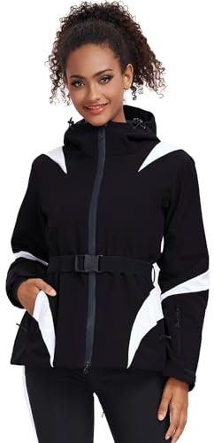 ALSOGO Damen Skijacken Wasserdicht Isoliert Snowboard Berg Kapuzen Schnee Mantel Jacke mit Gürtel Schwarz L