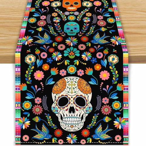Halloween Deko Tischläufer, Dia de los Muertos Deko Tischläufer Totenkopf Blumen Tischdecke Mexiko Karneval Festival Horror Party Gruselig Deko Tisch Dekorationen, 183*33cm