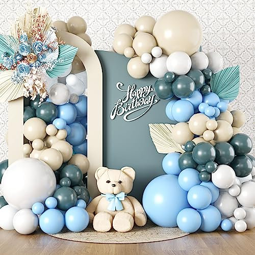 Luftballon Girlande Blau Beige Weiß, 116 Stück Staubig Pastell Blau Beige Schieferblau Weiß Sand Retro Latex Ballon Girlande Set für Jungen Mädchen Geburtstag Babyparty Brautparty Hochzeit Party Deko