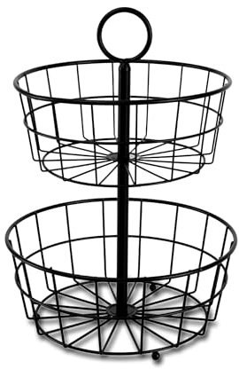 LIN HOME Frutero de 2 Niveles de Metal, 38 cm de Alto, Cestas de 24,5 y 28 cm de Diámetro para Organizar Frutas