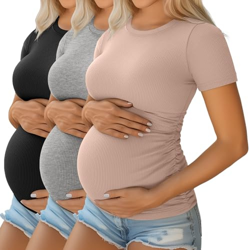 Ficerd Pack de 3 Chemises de Grossesse | En Coton, Manches Courtes, Tissu Raye, Plisse Lateral, Ete, Pour Futures Mamans, Travail, Decontracte