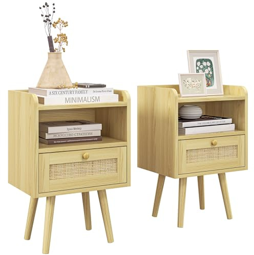 HOMCOM Lot de 2 Tables de Chevet Table de Nuit avec tiroir Effet rotin et Compartiment Ouvert, Chevet de lit pour Chambre à Coucher, Salon, 40 x 30 x 60 cm, Effet Bois Naturel