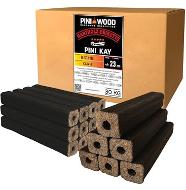 PINI Kay Briquettes en bois de chêne - Carrées - 23 cm de long - Avec trou de traction - 30 kg - Briquettes de bois de chêne - Cheminée, four, foyer, barbecue