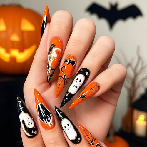 Halloween Stiletto Press On Nails Orange Black Ghost Pumpkin Design — Extra Long Fake Nails with Spider Web Bat Dripping Blood Acrylic Art, Reusable for Women Party Cosplay