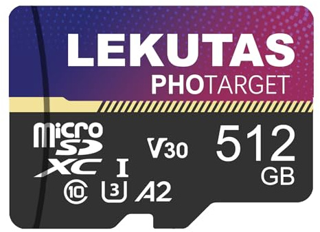 LEKUTAS 512GB Micro SD Card, microSDXC UHS-I Flash Memory Card TF Card, High Speed 100MB/s, C10, U3, A2, V30, for Full HD, 4K UHD Video Recording