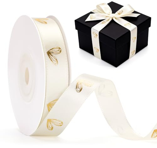 G2PLUS 13mm Elfenbeinweiß Satinband mit Goldfolie Herz: Dekoration Geschenkband, 18m Schleifenband zum Bastel, Dekoband für Valentinstag und Hochzeiten Geschenkverpackung, Dekoration