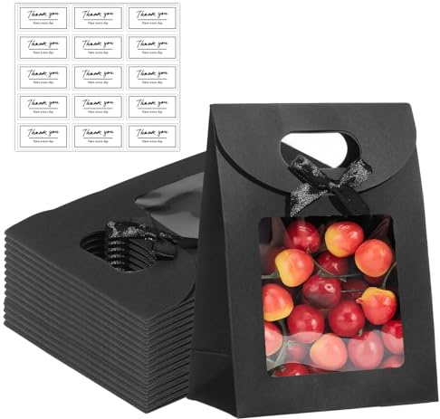 XIAOGUA 15 Pièces Sac Papier Kraft Sac Cadeau avec Poignée Sacs Cadeaux Transparents avec Fenêtre Autocollant Réutiliser pour Emballer Cadeaux de Banquet Biscuits Bonbons 16x6x12cm(noir)