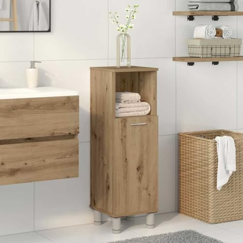 Runheo Badskåp Artisan-ek 30 x 30 x 95 cm, trämaterial, badrumsmöbler med dörr, gott om förvaringsutrymme, lättskött, för badrum