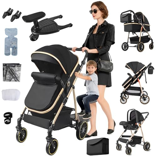 Doraystar Poussette 3 en 1, Pousette Bebe avec Poussée Réversible Bidirectionnelle, Pousette Canne avec Conception Pliable en Un Clic, Poussette Trio avec Grande Nacelle (FV8 Black Gold)