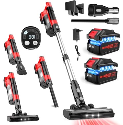 60 Kpa Aspiradora Sin Cable,700W/70Mins Escoba Aspiradora Sin Cable con Baterías Desmontables de 2*4,0Ah,Cepillo Anti-Enredo,Pantalla LED,2L Aspirador Inalámbrico para Mascotas/Alfombras/Suelos Duros